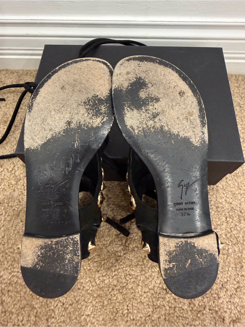 Giuseppe Zanotti Gold Studded Suede Gladiator Sandals Black Size 37.5 lace up - Picture 11 of 12